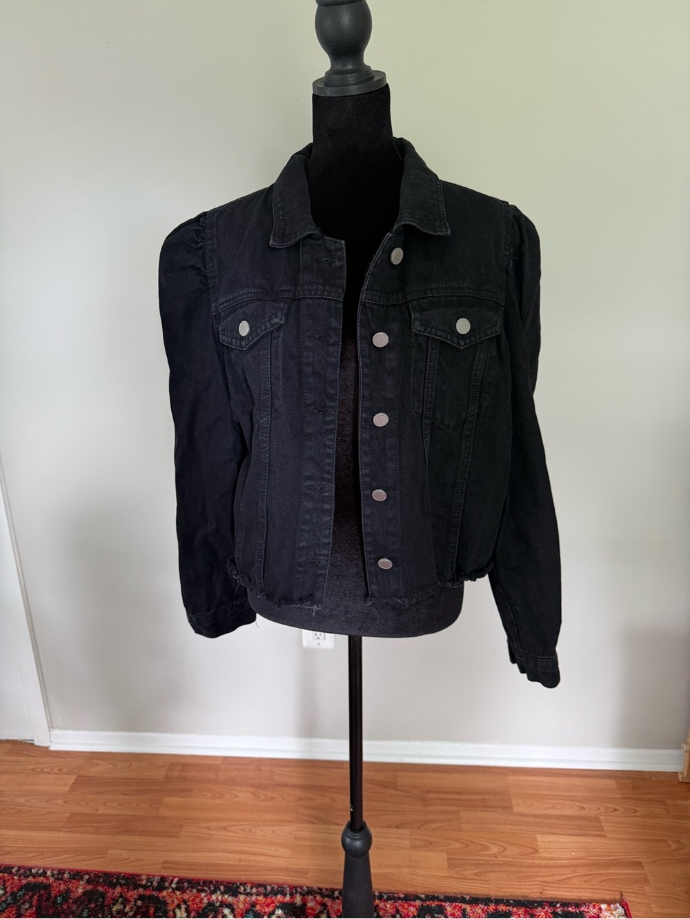 Blank NYC Black Cropped Denim Jacket with Button Front